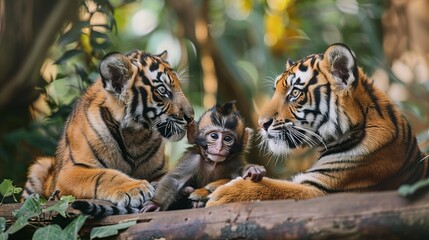 Wall Mural - Tigers play with monkeys
