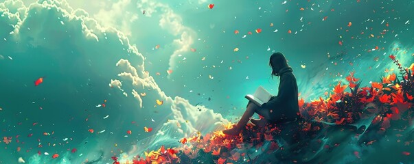 Wall Mural -  A person reading a book on a red flowered slope with a green cloud background
