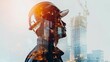 © Nicholas - Profile of a construction worker in a helmet and safety gear, with a background of high-rise structures and construction equipment, symbolizing progress and engineering.