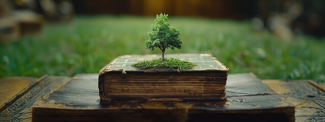 Wall Mural - A book with a tree growing on it with a blur effect in the background