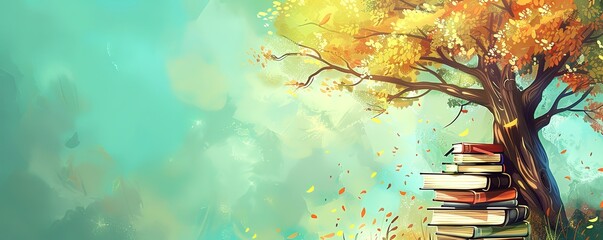 Wall Mural -  Several stacks of books leaning against a tree with yellow leaves on a green background with white patterns