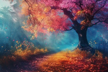 Wall Mural - Vibrant and mystical autumn forest scene with a colorful pathway