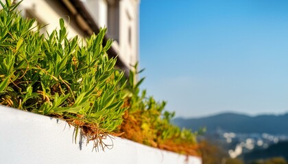 A closeup of plants on a white building under sunlight with a blurry background. with copy space