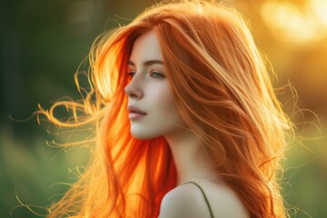 Sticker - Portrait of a woman with vibrant red hair backlit by the golden sunset