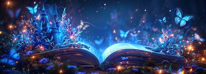 Wall Mural - An open book filled with several butterflies flying around it