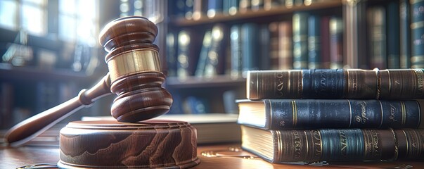 Wall Mural - A hammer of justice and several books on a table with a bookshelf in the background and a spotlight from the side