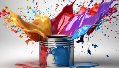 Wall Mural - Paint can splash on white background. Paint can splashing RGB colors printing concept image. 3D colorful paint splashing out of can. 3D realistic illustration.