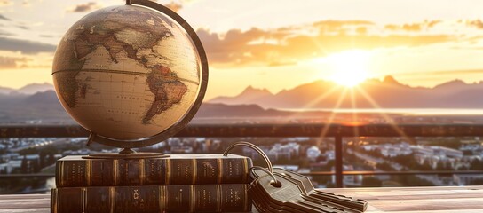 Wall Mural - An artificial globe on top of a pile of books and keys on a rooftop table with a beautiful sunset in the background