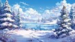 © Suwanlee - Anime winter landscape with snowcovered trees and a frozen lake, Anime style, Winter backdrop