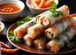 © HayashiCraft - Traditional spring rolls with vegetables and shrimp, served with a spicy dipping sauce, photographed to show the whole plate.