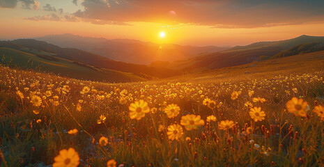 Wall Mural - a field of yellow flowers in full bloom. The flowers are growing in a lush green field, and the sun is setting in the background. 