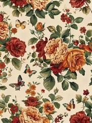 Sticker - This image showcases a beautiful floral pattern with vibrant roses and butterflies against a white backdrop, illustrating rich botanical details and colors.