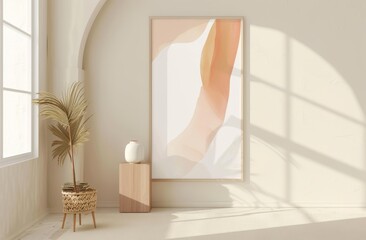 Wall Mural - An aesthetically pleasing minimalistic interior featuring abstract art, a potted plant, and wooden decor bathed in natural light.