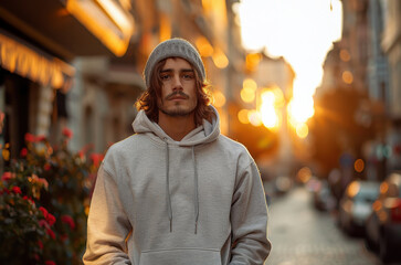 Canvas Print - The young man is wearing a gray hoodie and a beanie. He has long brown hair and a beard. 