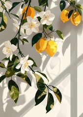 Canvas Print - A lively depiction of a lemon branch adorned with white blossoms, casting delicate shadows on a white wall, signifying freshness and vitality.