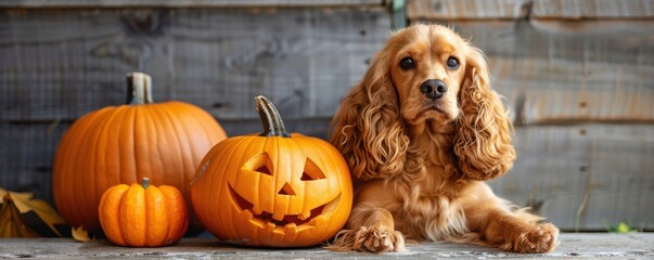 Wall Mural - A dog is sitting in front of a pile of pumpkins.