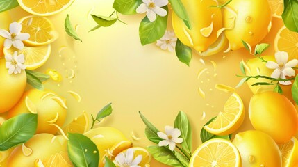 Sticker - A lively composition featuring lemons, green leaves, and delicate blossoms against a sunny yellow background.