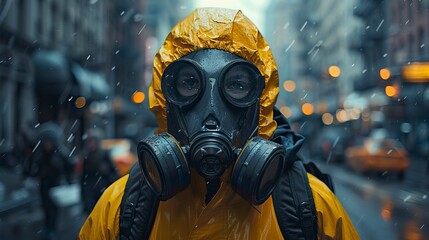 Wall Mural - A man wearing a hazmat suit and gas mask stands in the middle of a City 