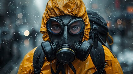 Wall Mural - A man wearing a hazmat suit and gas mask stands in the middle of a City 