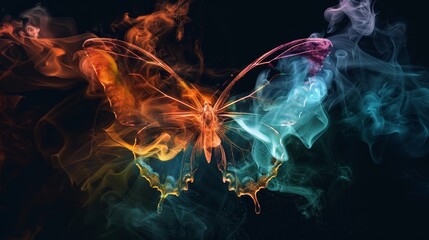 Wall Mural - colorful butterfly made of smoke on a black background.
