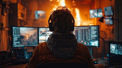 A young software developer works on multiple computer screens in a dark office 