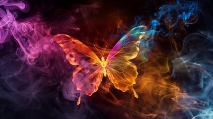 Wall Mural - colorful butterfly made of smoke on a black background.