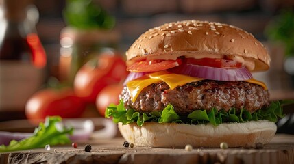 Wall Mural - Delicious cheeseburger with lettuce, tomato, and onion on a sesame seed bun. Perfect for a food menu, restaurant, or culinary presentation.