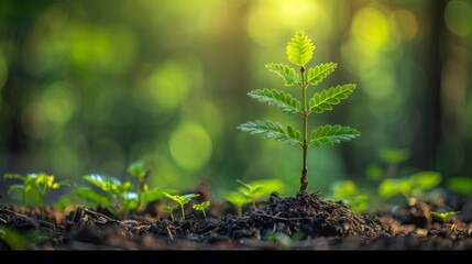 A young spruce tree seedling is growing in the forest, blurred background of green trees 