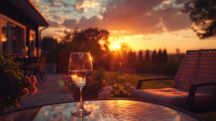 An idyllic patio scene showcasing a single glass of wine atop a table, basking in the soft, warm hues of a brilliant sunset.