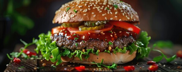 Wall Mural - Delicious gourmet beef burger with fresh lettuce, tomato, onion, and sesame seed bun, perfect for food lovers and culinary enthusiasts.