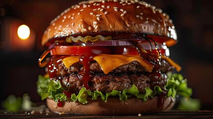 Wall Mural - Delicious gourmet cheeseburger with double beef patties, fresh lettuce, tomato, onions, and rich barbecue sauce on a sesame seed bun.