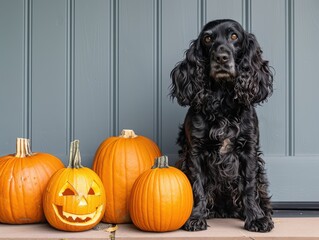 Wall Mural - A dog is sitting in front of a pile of pumpkins.