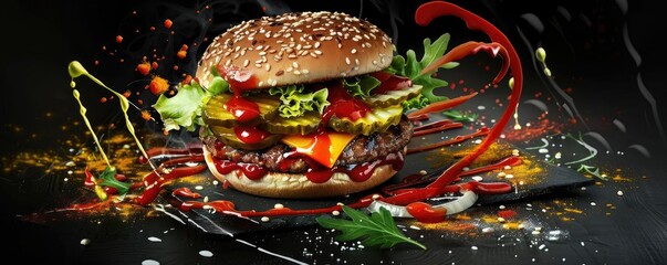 A delicious gourmet burger with vibrant toppings, captured in a dynamic shot with colorful splashes and garnishes on a dark background.