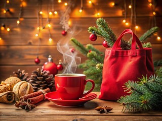 Poster - Cozy Christmas café atmosphere with a bright red baggie mockup on a rustic wooden table surrounded by festive decorations and steaming hot beverages.