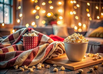 Cozy movie night at home with popcorn and drinks under the blanket, blurred background. generative ai