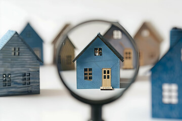 Close-up view of miniature blue house under magnifying glass, representing real estate search, property market, and investment opportunities.