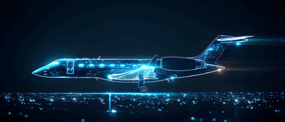 Digital illustration of a futuristic private jet aircraft in neon light, highlighting advanced aviation technology and modern design.