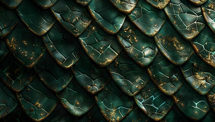 Detailed close-up photo of dark green scales with a cracked texture and hints of gold, resembling dragon or reptile skin.