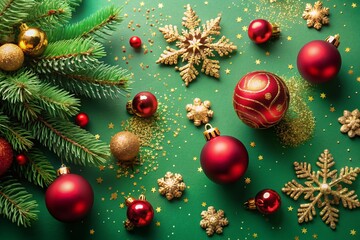 Poster - Vibrant green background with golden tinsel confetti and snowflakes, adorned with red Christmas tree, ornaments, and festive balls, perfect for holiday website header.