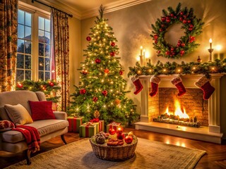 Poster - Cozy living room decked out in festive holiday decor, featuring a stunning Christmas tree, stockings hung by a crackling fireplace, and warm, golden lighting.