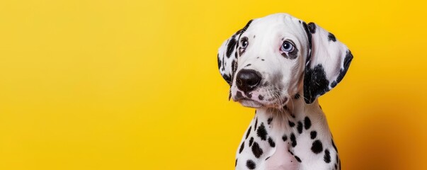 Wall Mural - Dalmatian puppy on a yellow background, lying down and looking curiously. Free copy space for text.