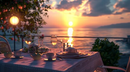 An exquisite seaside dinner table set for romance with a stunning ocean view and a vibrant sunset casting a warm glow.