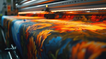 Textile printing machine with a fabric that has a floral pattern, featuring orange flowers with green leaves on a blue background