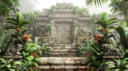 A hidden temple deep within a jungle, guarded by mythical beasts, in white background