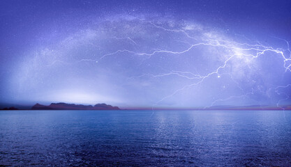 Milky Way over the beautiful mountains with lightning at night in summer. Colorful landscape with bright starry sky with Milky Way
