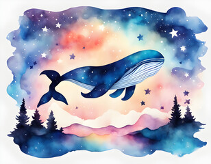 Wall Mural - Watercolor creative starry sky whale background