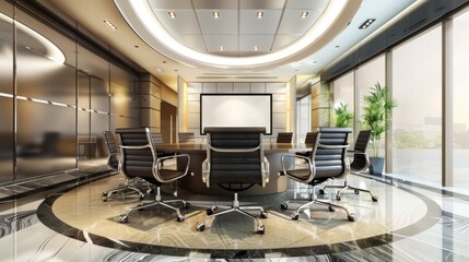 Modern office meeting room with round table and chairs.