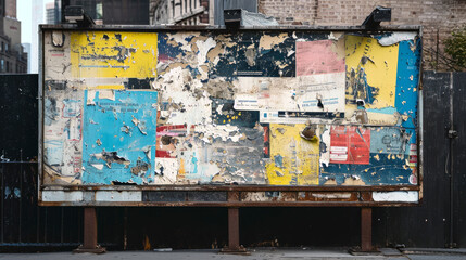 Old weathered billboard showing layers of torn posters with colorful paint