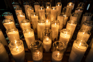 Rows of white lit votive candles or prayer candles in church. Notre-Dame Basilica. Montreal, Quebec, Canada.