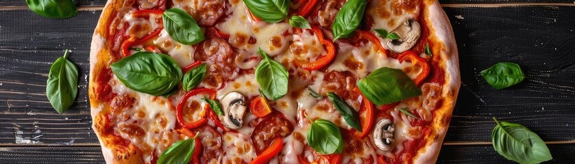 Delicious freshly baked pizza topped with cheese, mushrooms, bell peppers, and fresh basil leaves on a dark wood background.